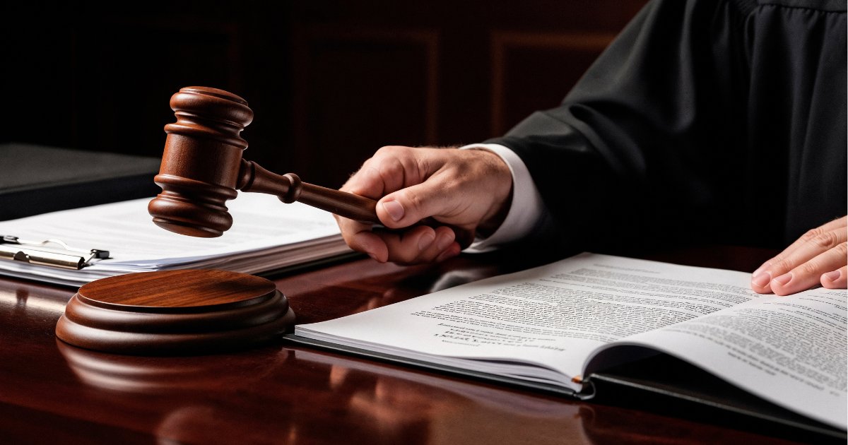 Mazo de juez sobre libro de leyes abierto, representando el proceso penal por homicidio doloso en México